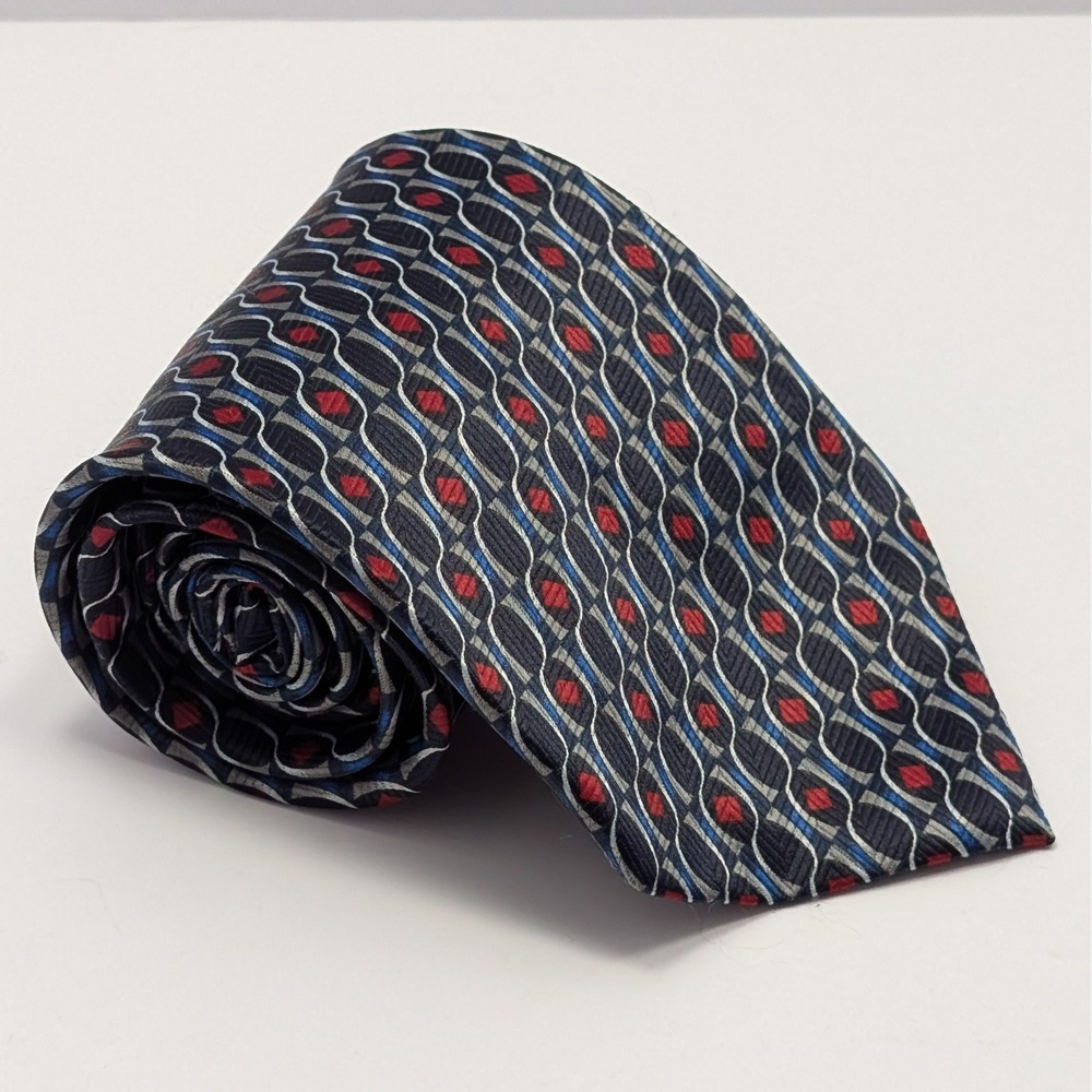 Romario Manzini Mens Geometric Pattern Tie Blue Red Gray Polyester 59.5x3.75"